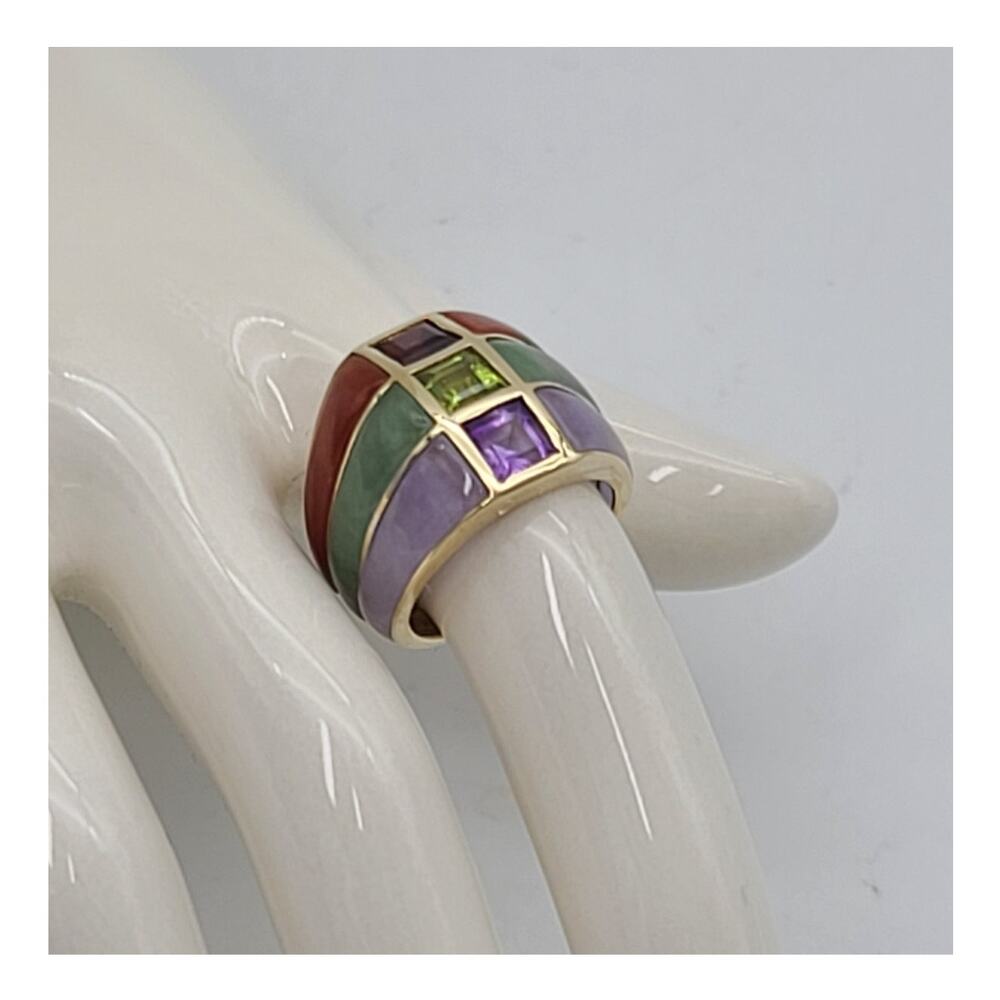 Vintage 14k Gold Multi-Colored Jade Jadeite & Gemstone Dome Ring Size 6.5 Unisex